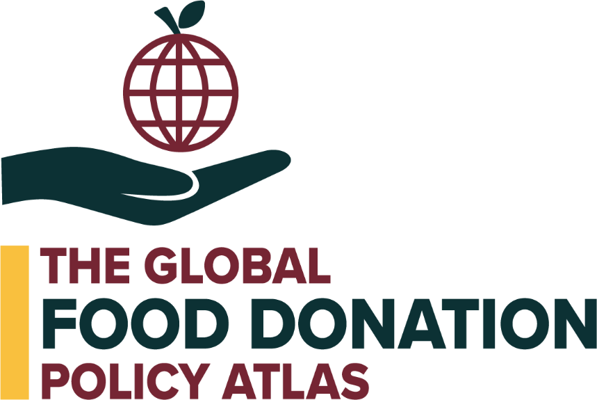 Logo for the Global Food Donation Policy Atlas project, including a hand holding out an object that looks like a combination between an apple and the earth.